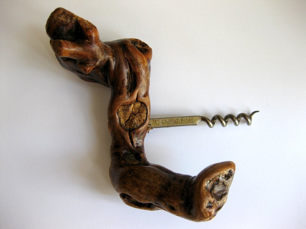 Antique / Mid Century cool old cork screw with burl handle. Marking reads Laurent Siret Rochefort s/Loire.