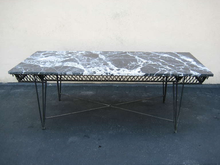 USA / Italy
Circa 1950 Maurizio Tempestini for Salterini Marble and Wrought Iron Tables. For indoor interior or outdoor garden or patio. Gorgeous Black and White Marble Top with Wrought Iron Base. All heavy / substantial in weight. Excellent