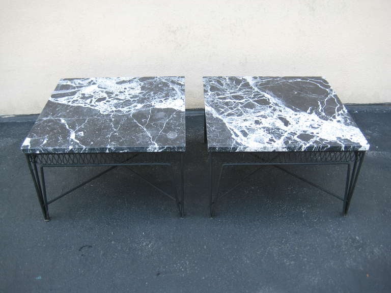 USA / ITALY
Pair of Circa 1950 Mid Century Italian Marble and Wrought Iron End / Side Tables by Maurizio Tempestini for Salterini. Gorgeous Black and White Italian Marble with Wrought Iron Base.For indoor interior or outdoor garden or patio.
