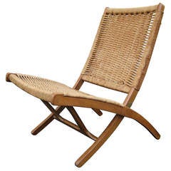 Woven Folding Chair in the Style of Hans Wegner