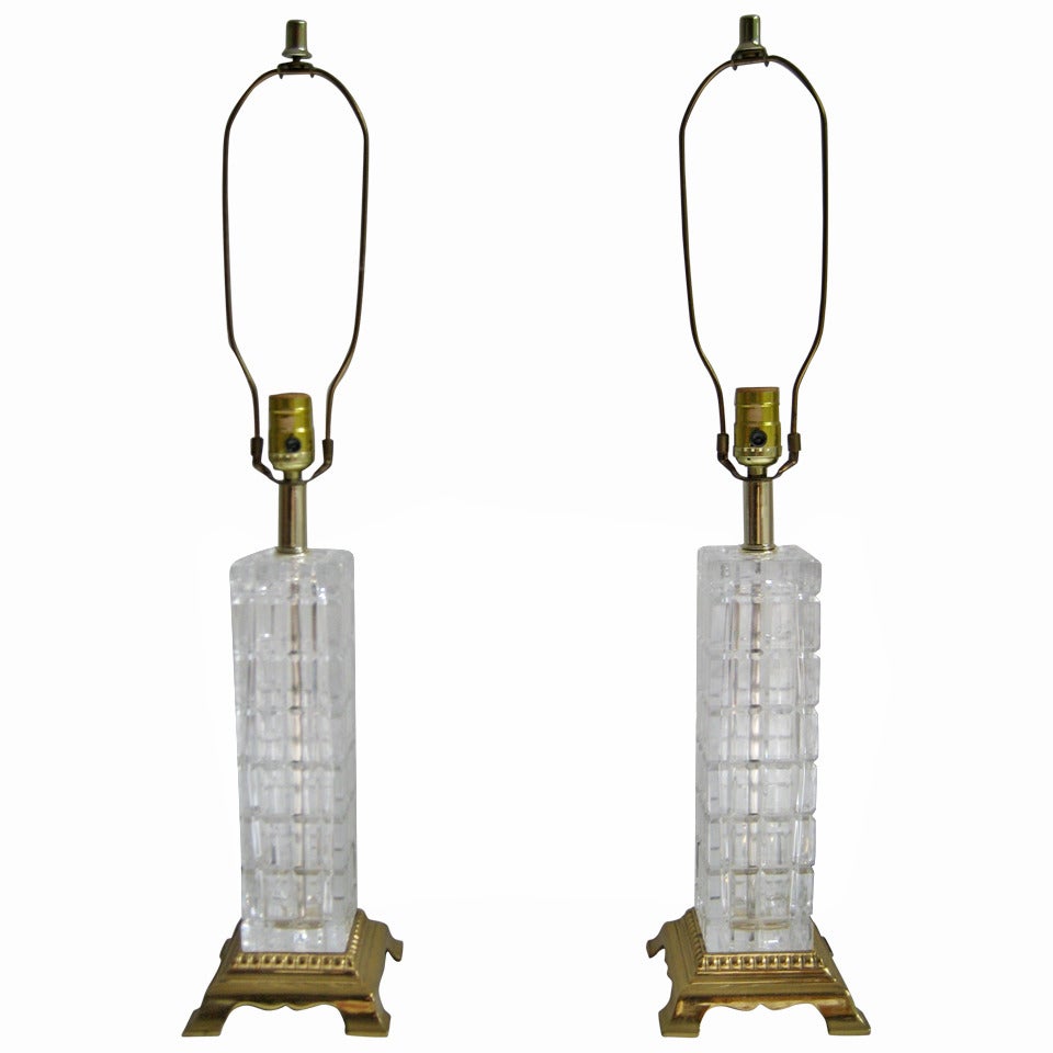 Pair of Mid Century Glass and Brass Table Lamps