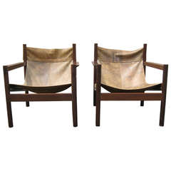 1960s Michel Arnoult Pair of Brown Leather Chairs
