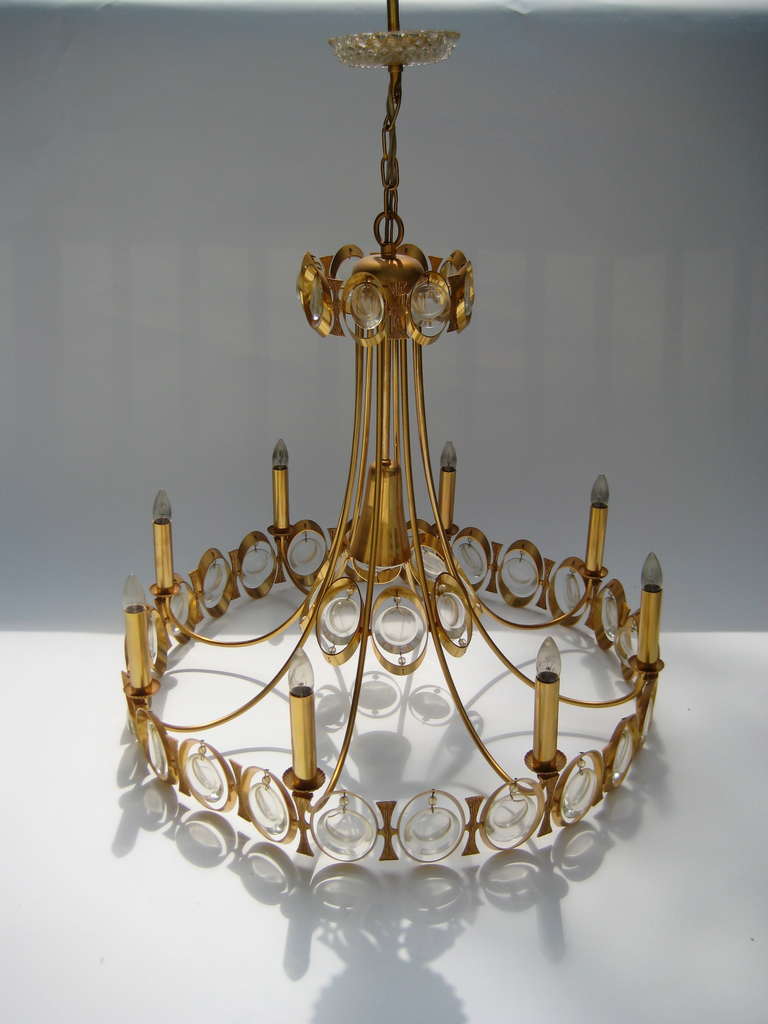 Largest version of this Palwa Cahandelier with eight arms (electric candles). Gorgeous Mid Century 1960s Chandelier by Palwa. made in Germany. Stunning and versatile to suit a range of decor. Unique round convex crystals (see close photo). Lovely