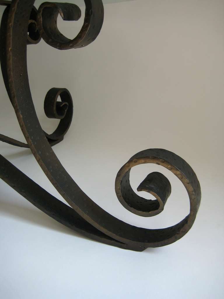 Mid Century Scrolled Forged Iron Table Base with Round Glass Top at 1stDibs