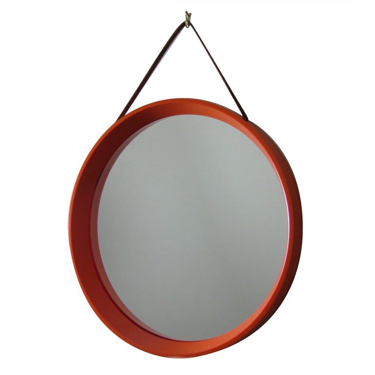 Mid Century Danish Round Orange Mirror with Leather Strap