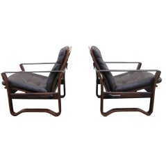 Pair of Mid Century Chocolate Leather  Recliner Club Chairs