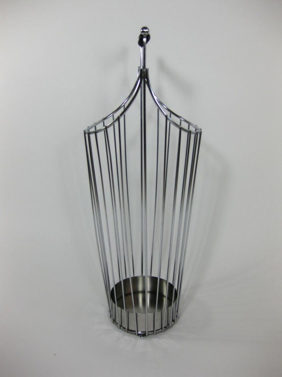 Unknown Mid Century Chrome Umbrella Stand with Black Faux Bamboo