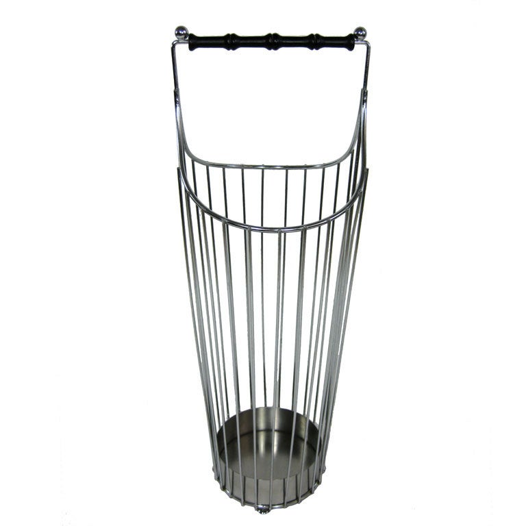 Mid Century Chrome Umbrella Stand with Black Faux Bamboo