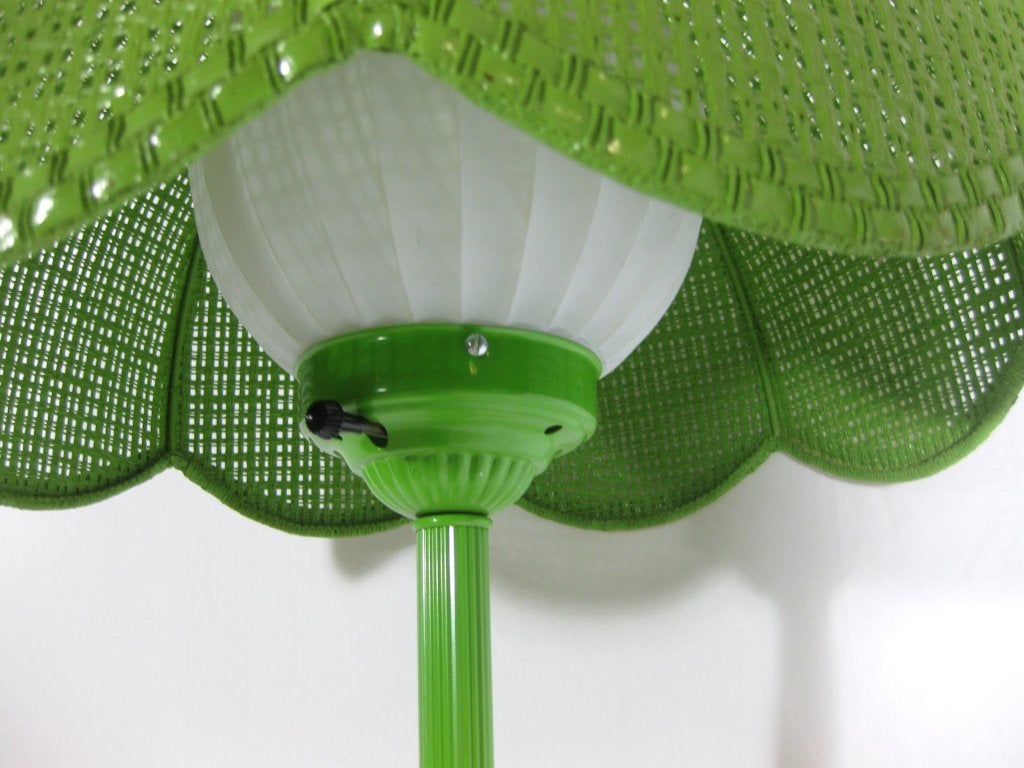 American 1960s Lime Green Enameled Metal Table Lamp with Wicker Shade