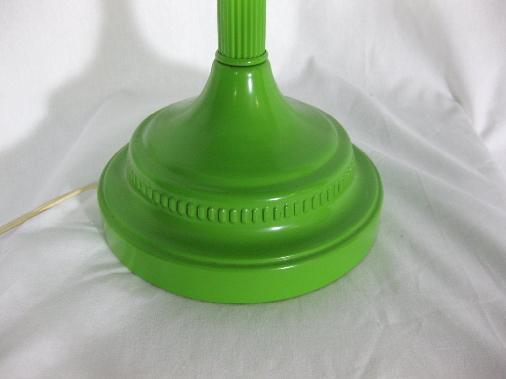 1960s Lime Green Enameled Metal Table Lamp with Wicker Shade 1