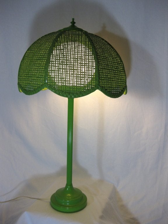 1960s Lime Green Enameled Metal Table Lamp with Wicker Shade 2