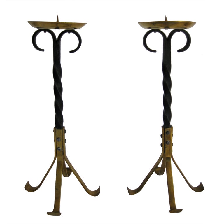 Antique Brass and Wrought Iron Candlesticks, Germany