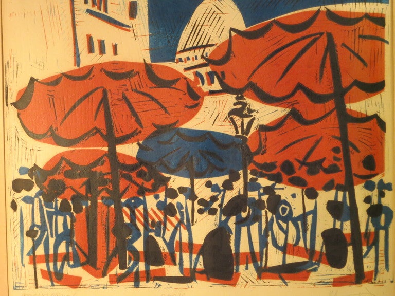 This is a hand-colored lithograph by Herbert Siebner (1925-2003). Born in Germany, Siebner was influenced by the German Expressionist movement. He worked as an artist in Berlin until post World War II, when he moved to Canada. There he lived and