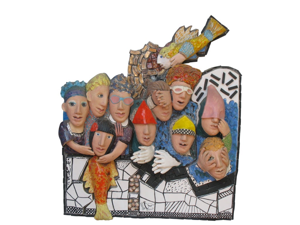 This is a large ceramic piece by Santa Barbara artist Marge Dunlap (1935-1992). Best known for her public ceramic installations, she also worked in oils, watercolors, pastels and drawings.  Her work is often whimsical, with faces being the