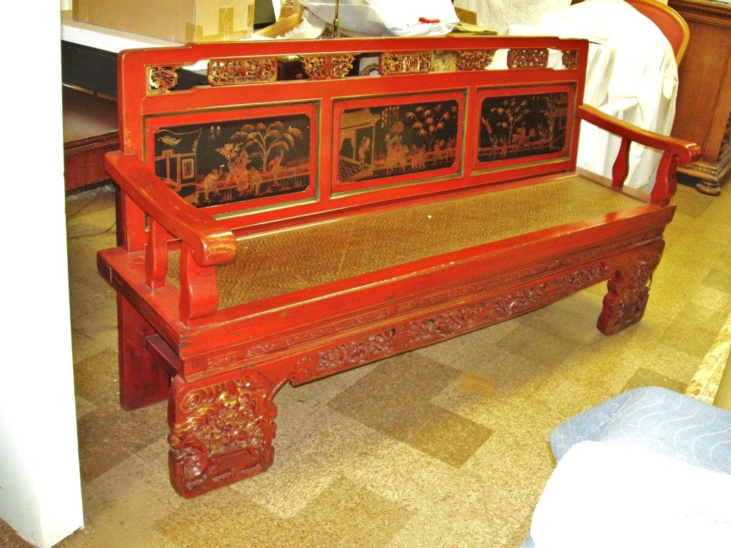 Red Oriental style wood bench