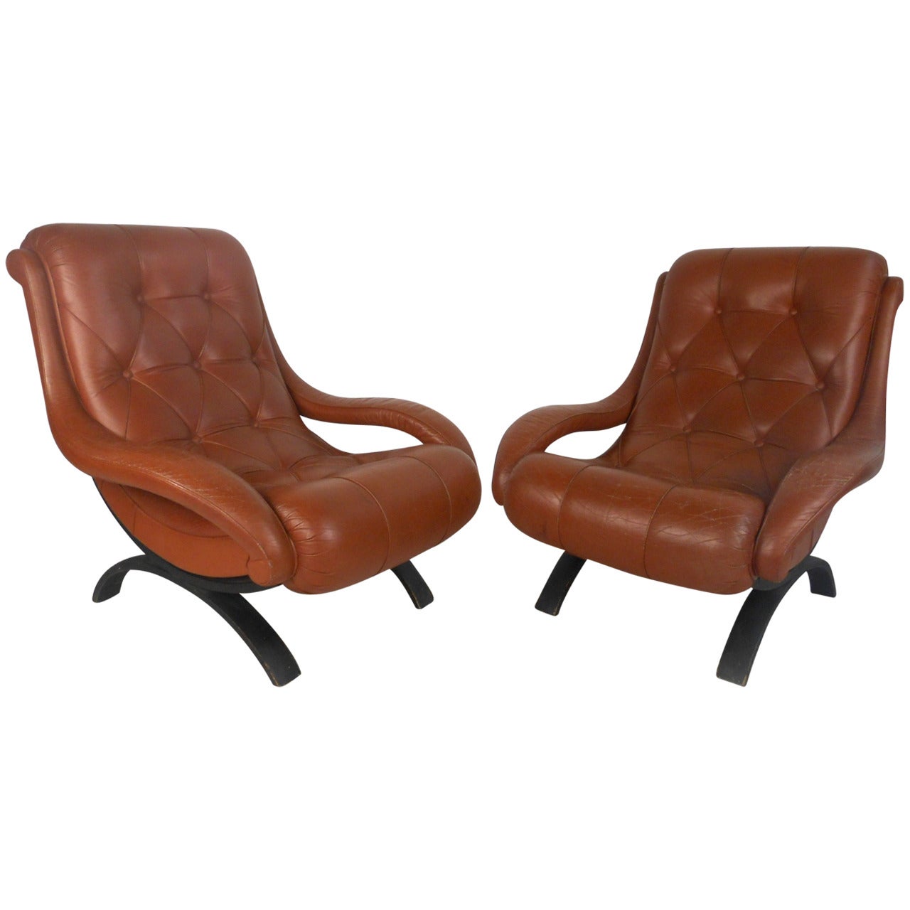 Pair of Midcentury Tufted Leather Lounge Chairs