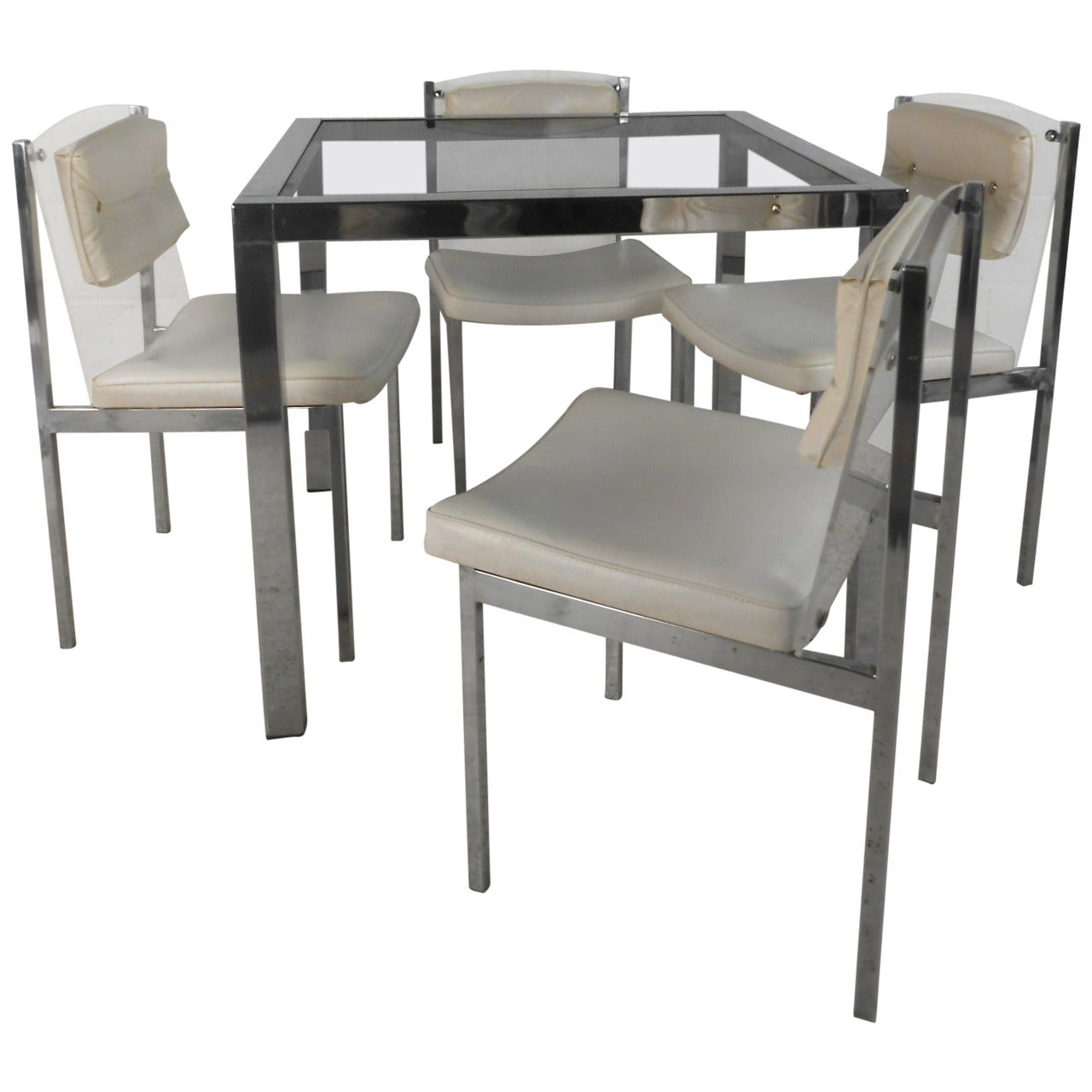 Mid-Century Modern Chrome, Glass, and Lucite Dining Set Table with Chairs