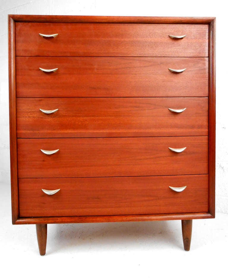 Mid-Century Modern Scandinavian Modern Highboy Dresser with Metal Pulls