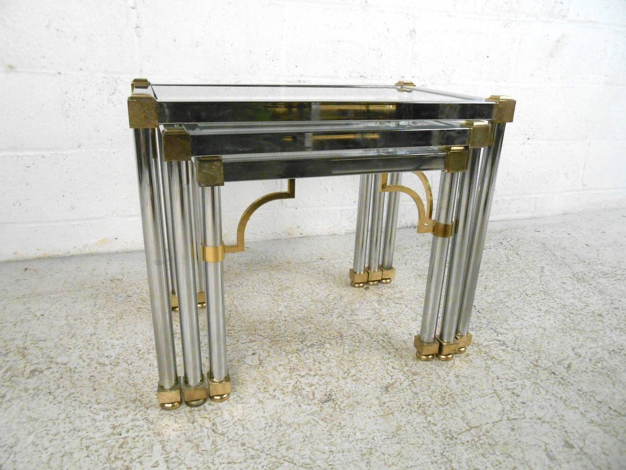 Mid-Century Modern Midcentury Hollywood Regency Style Chrome and Brass Tables For Sale