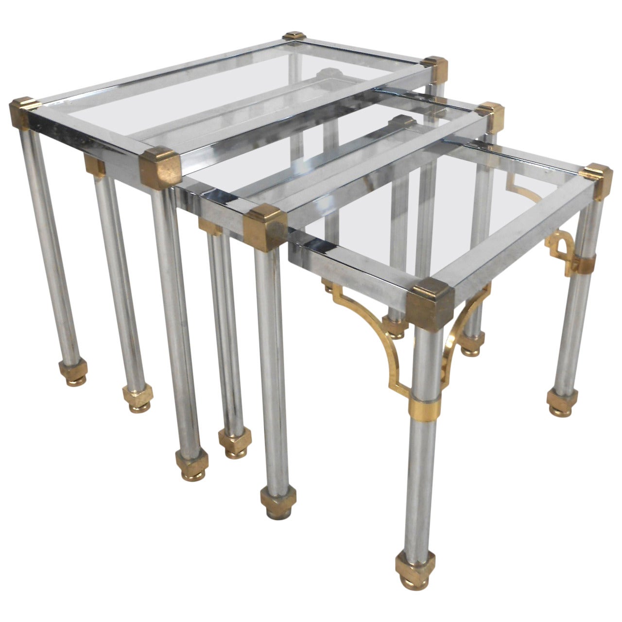 Midcentury Hollywood Regency Style Chrome and Brass Tables For Sale