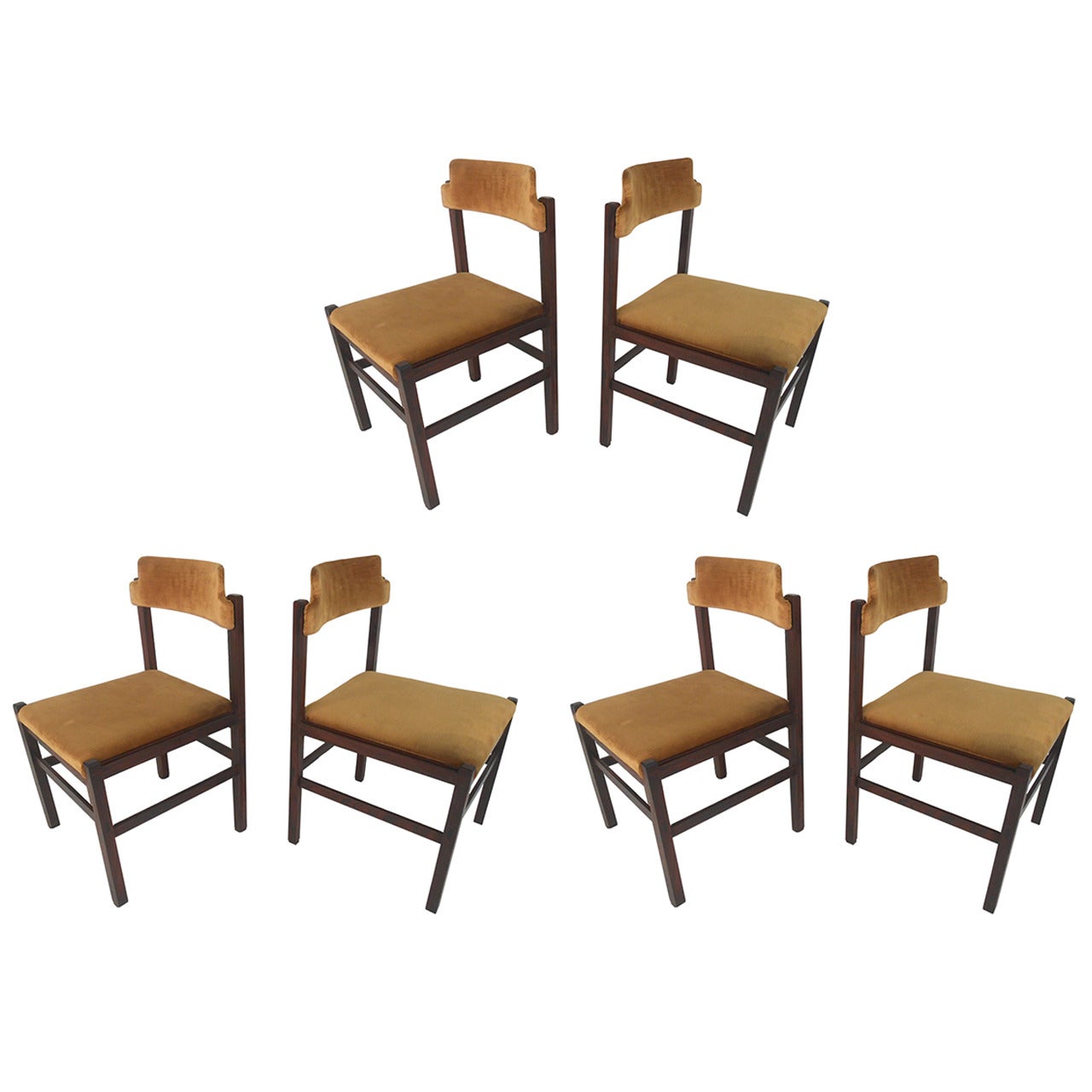 Set of Six Italian Rosewood Midcentury Chairs in Crushed Velvet