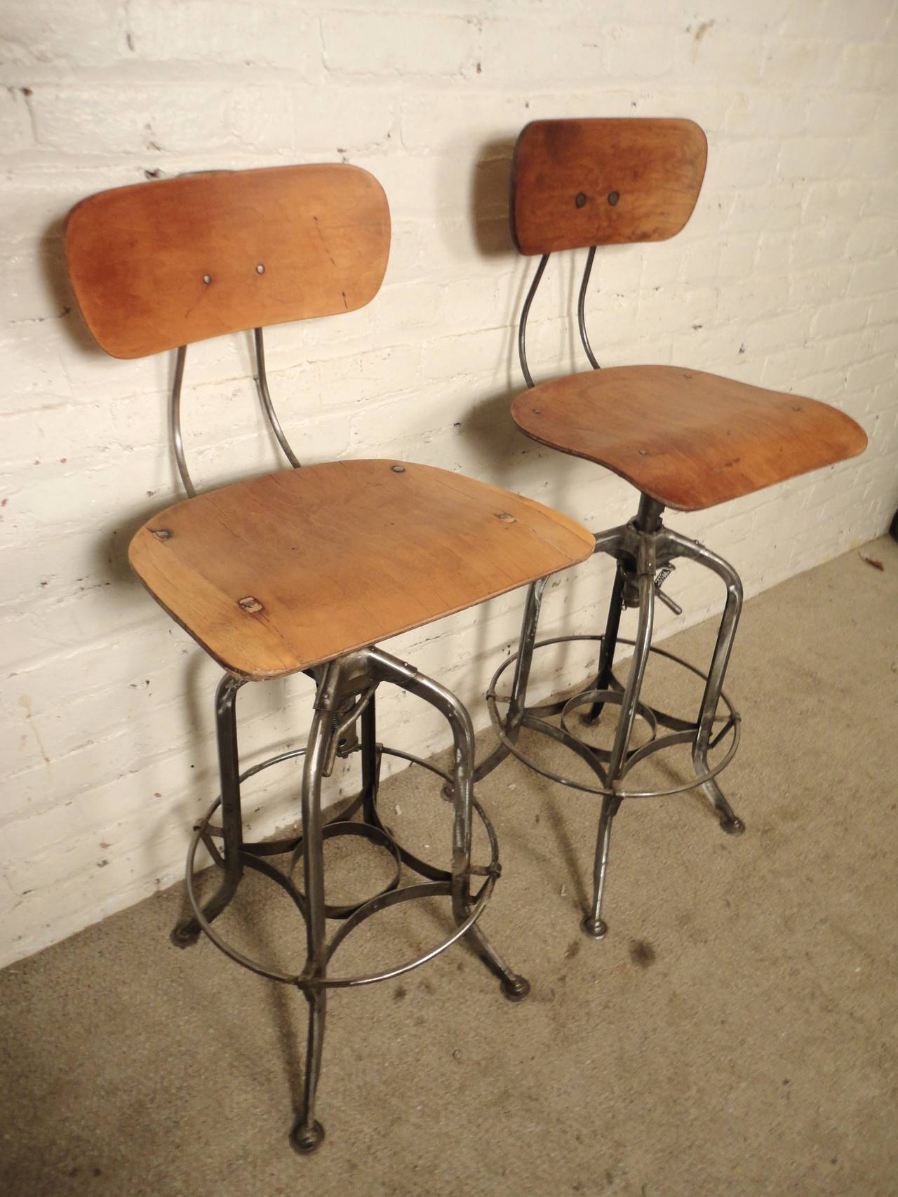 Mid-Century Modern Pair Of Restored Vintage Toledo Factory Stools