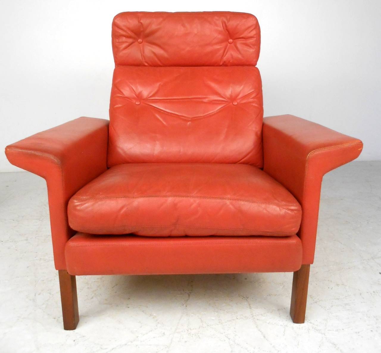Mid-Century Modern Unique Hans Olsen Style Danish Leather Lounge Chair with Ottoman