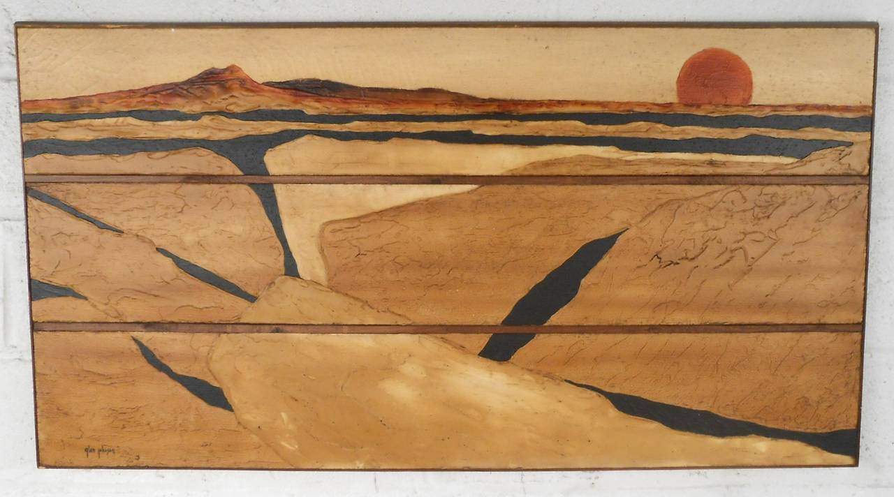 This beautiful vintage painting features a beautiful setting sun on western landscape by Glen Johnson. Unique color palette make's this a fantastic addition to any room's decor. Please confirm item location (NY Or NJ).
