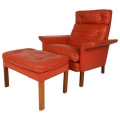 Unique Hans Olsen Style Danish Leather Lounge Chair with Ottoman