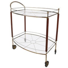 Mid-Century Modern Brass Rolling Cart with Glass Shelves