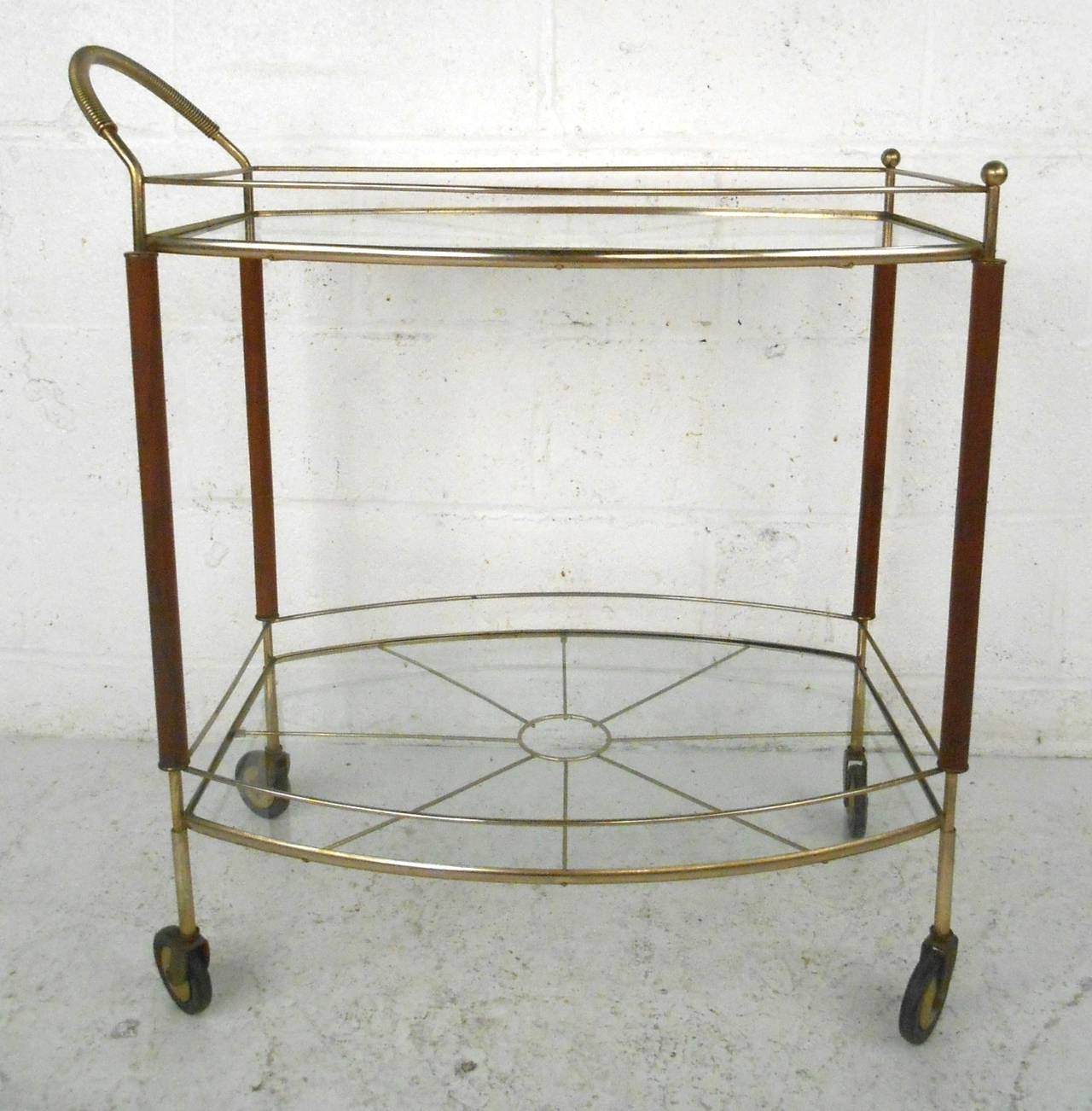 Mid-Century Modern Brass Rolling Cart with Glass Shelves