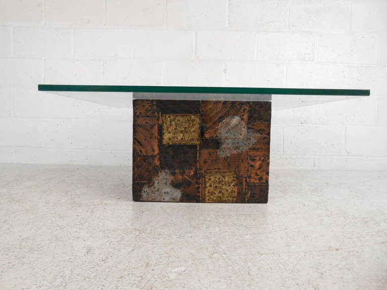This beautiful metal patchwork piece features hammered and patinated pewter, brass, and copper. A wonderful showpiece for home or business. Please confirm item location (NY or NJ).