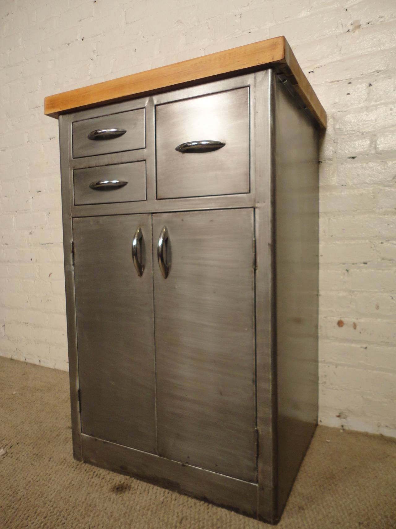 Mid-20th Century Unique Industrial Metal Cabinet w/ Butcher Block Top