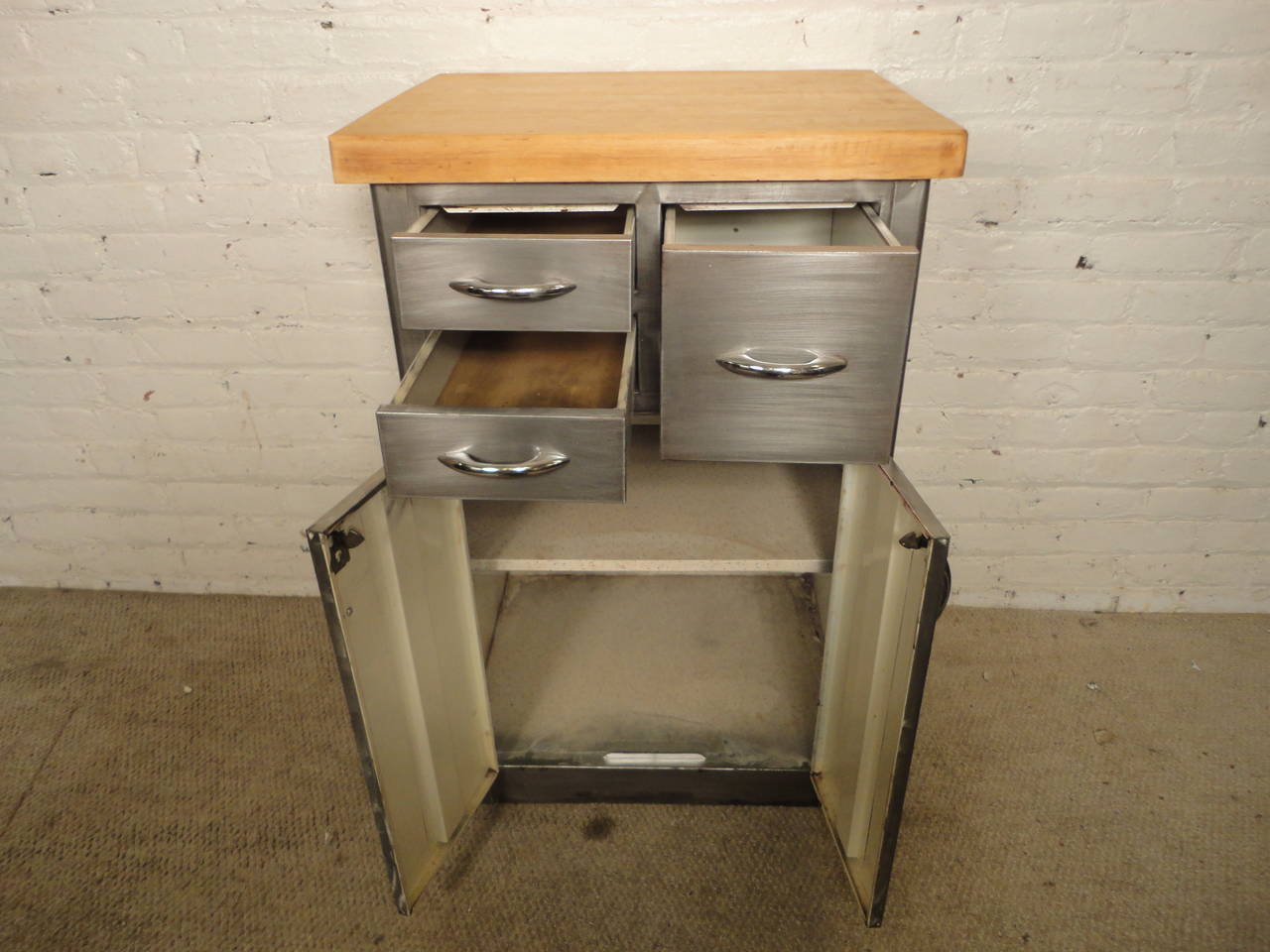 Unique Industrial Metal Cabinet w/ Butcher Block Top In Distressed Condition In Brooklyn, NY