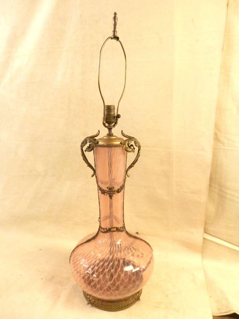 Vintage glass table lamp with lovely ornate brass accents. Pretty white and pink 
