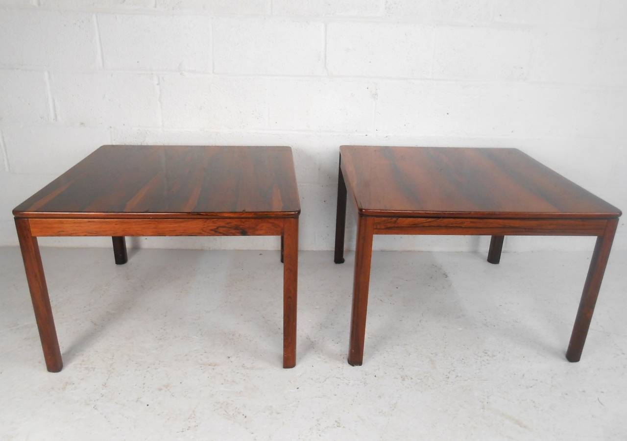 This pair of Norwegian Rosewood side tables by Brode Blindheim of Sykklven Norway make a beautiful mid-century addition to any interior space. Perfect size for sofa side tables, lamp tables, or waiting room end tables. Please confirm item location