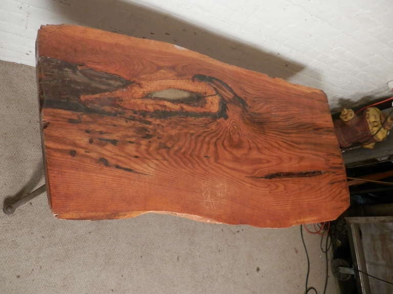 Amazing Live Edge Desk with Iron Drafting Bases In Distressed Condition In Brooklyn, NY