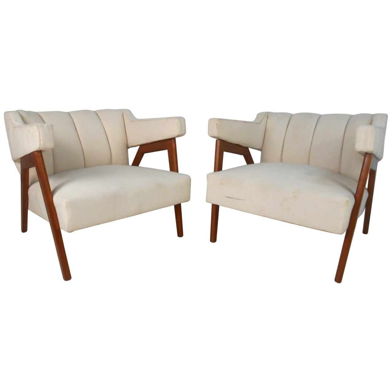 Pair of Tufted Mid-Century Modern Canvas Club Chairs
