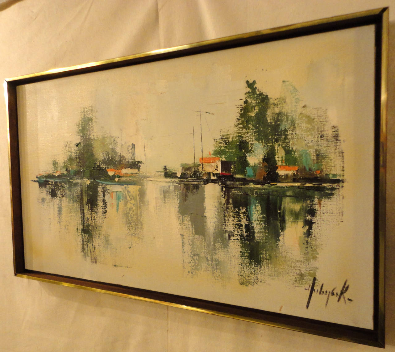 Beautiful depiction of boats on water.
Brass framed signed artwork.

(Please confirm item location - NY or NJ - with dealer)