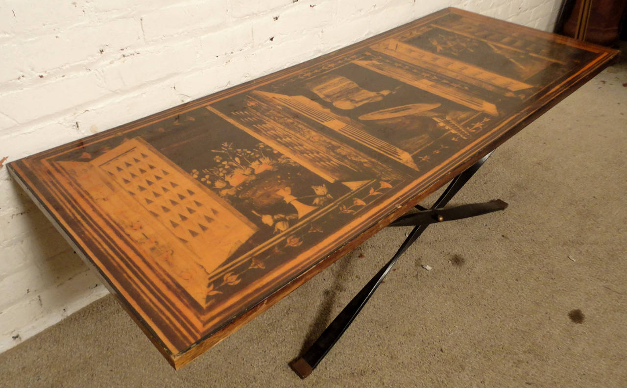 Mid-Century Coffee Table With Beautiful Laminate Drawing In Good Condition For Sale In Brooklyn, NY