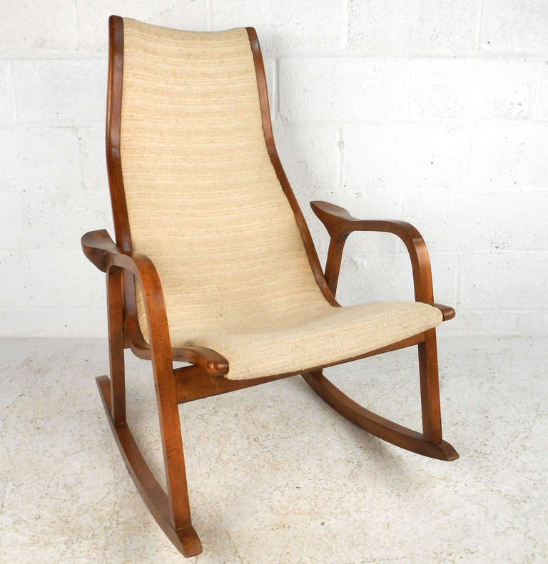 This uniquely designed and extremely comfortable vintage Danish rocker is in the style of Swedish designer Yngve Ekstrom. Please confirm item location (NY or NJ).