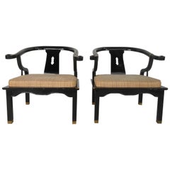 Pair of Mid-Century Modern James Mont Style Black Lacquer Armchairs by Century