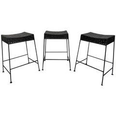 Set of Three Leather Top Bar Stools