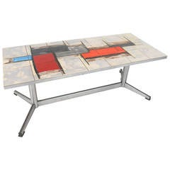 French Mid-Century Modern Tile and Chrome Coffee Table