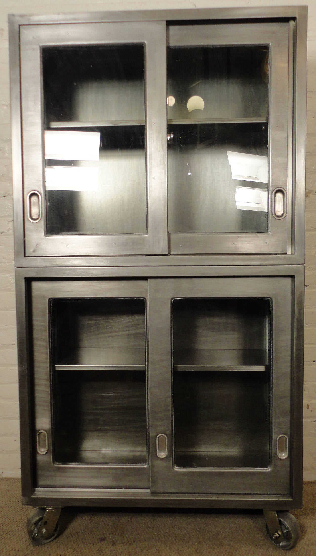 Striking Industrial Double Stack Cabinet on Castors In Distressed Condition In Brooklyn, NY