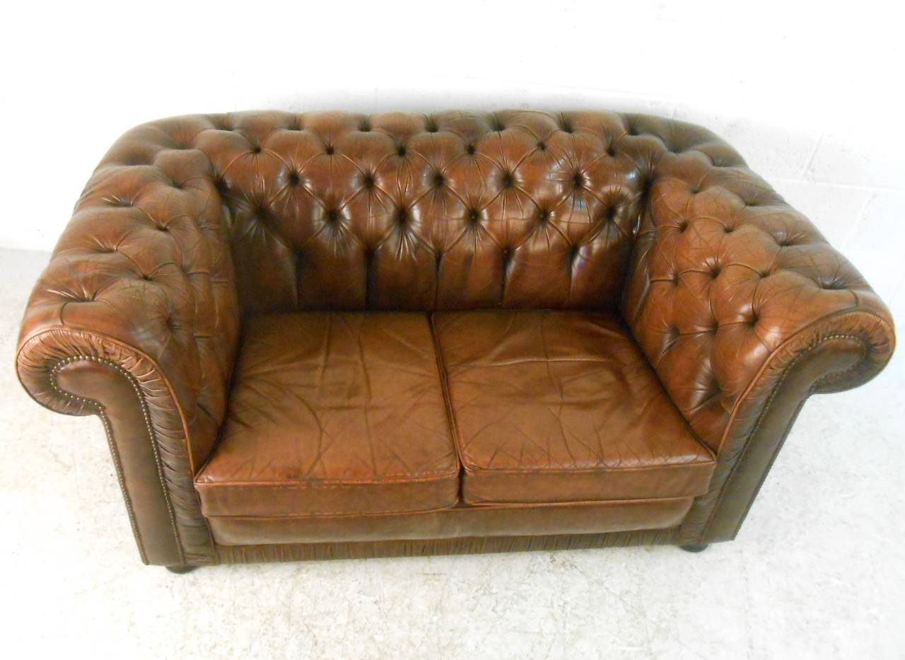 Unique MidCentury Modern Style Tufted Leather Chesterfield Sofa at 1stdibs