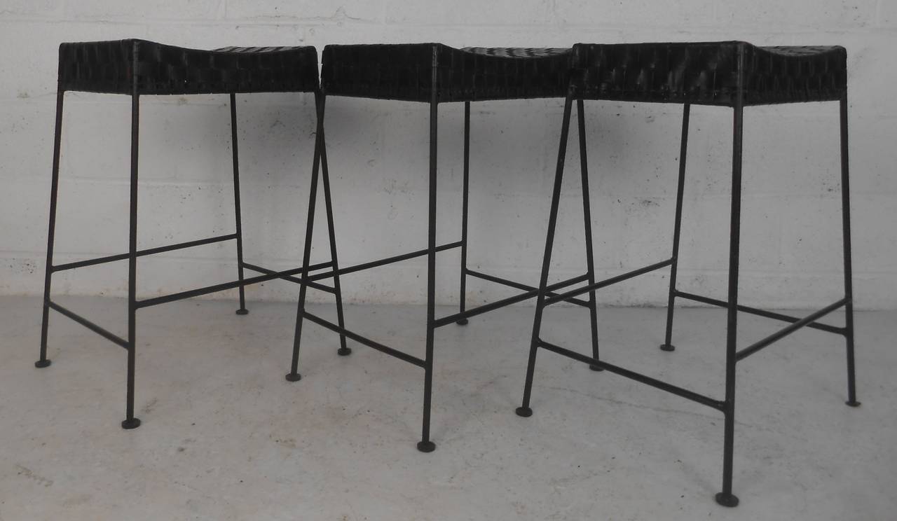 Modern Set of Three Leather Top Bar Stools