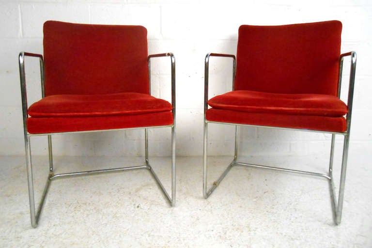 Pair Vintage Italian Chrome Frame Arm Chairs