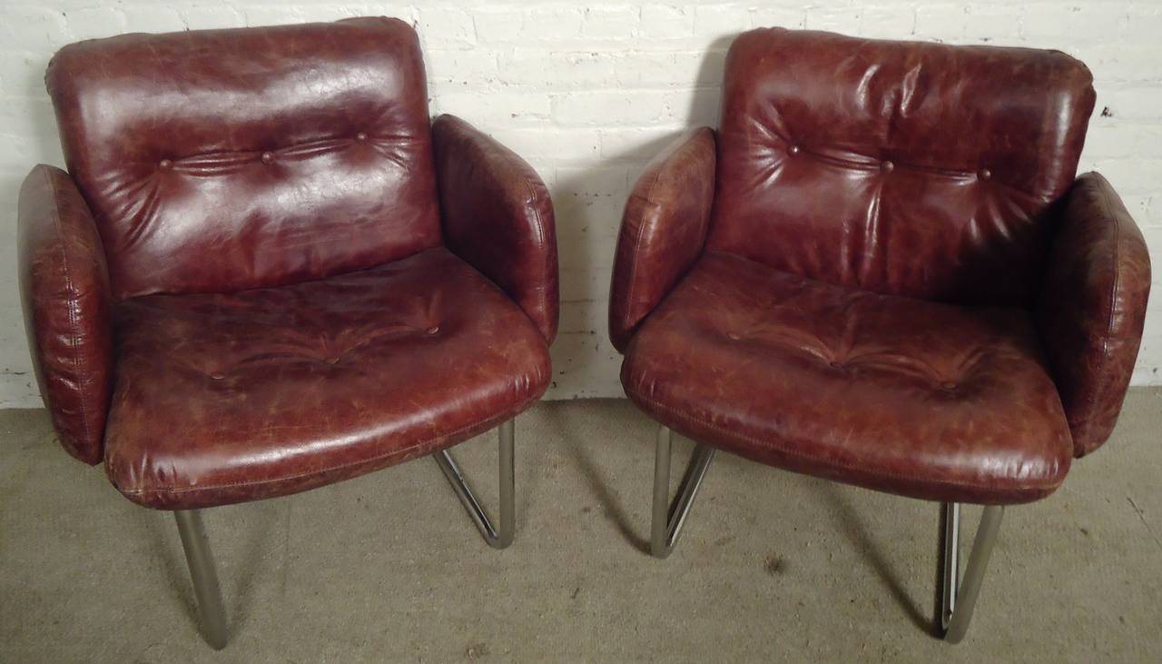 Mid-Century Modern Pair of Mid-Century Tufted Leather Chairs by Harvey Probber