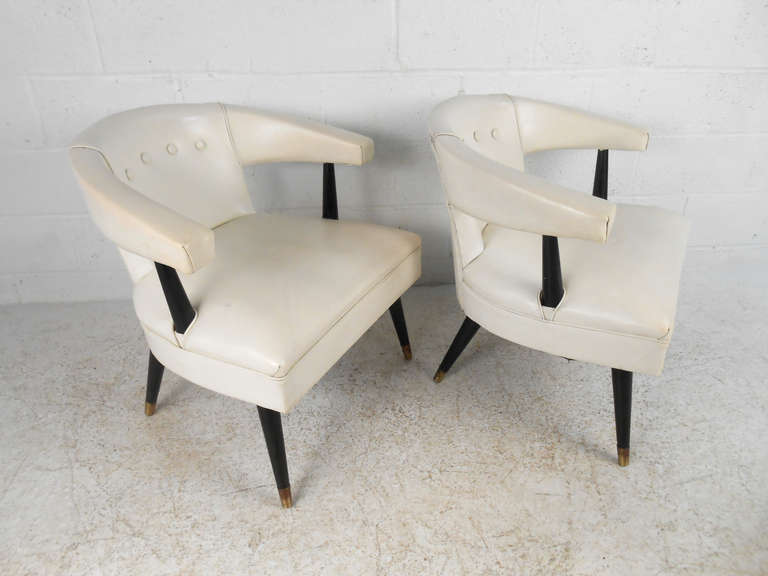 Mid-Century Modern Pair Vinyl Barrel Back Side Chairs